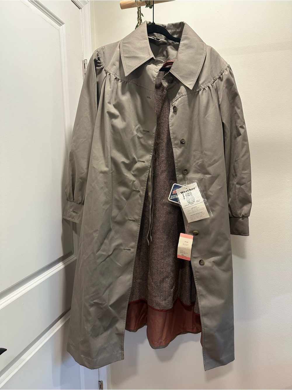 Vintage Weather Wise Trench Coat NWT Womens 7/8 S Taupe Houndstooth Liner
